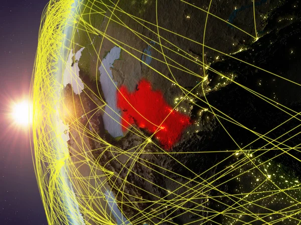 Turkmenistan Från Rymden Modell Jorden Solnedgången Med Internationella Nätverk Begreppet — Stockfoto