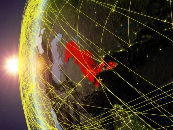 Uzbekistan Kosmosu Model Ziemi Podczas Zachodu Słońca Międzynarodowej Sieci Koncepcja — Zdjęcie stockowe