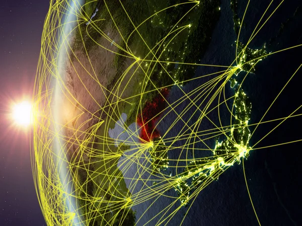 朝鲜从太空在地球模型上与国际网络在日落期间 数字通信或旅行的概念 美国宇航局提供的这张图片的元素 — 图库照片