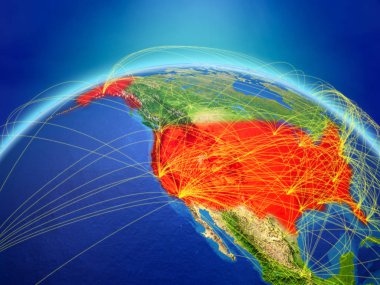 Planet Earth ile uluslararası ağ iletişim, seyahat ve bağlantıları temsil eden ABD. 3D çizim. Nasa tarafından döşenmiş bu görüntü unsurları.