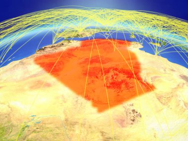 Cezayir Planet Earth ile uluslararası ağ iletişim, seyahat ve bağlantıları temsil eden. 3D çizim. Nasa tarafından döşenmiş bu görüntü unsurları.