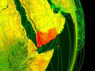 Yemen dijital Planet Earth ile ağ. Bağlantı, seyahat ve iletişim kavramı. 3D çizim. Nasa tarafından döşenmiş bu görüntü unsurları.