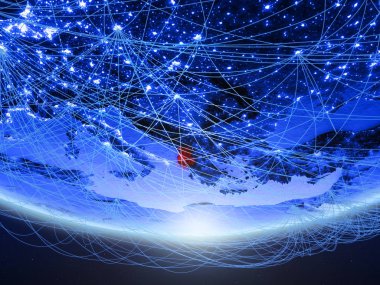 Arnavutluk temsil eden mavi dijital çağın, seyahat ve iletişim ağı ile Dünya gezegeninin yeşil modeli. 3D çizim. Nasa tarafından döşenmiş bu görüntü unsurları.