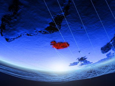 İzlanda temsil eden mavi dijital çağın, seyahat ve iletişim ağı ile Dünya gezegeninin yeşil modeli. 3D çizim. Nasa tarafından döşenmiş bu görüntü unsurları.