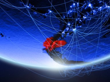 Ekvador temsil eden mavi dijital çağın, seyahat ve iletişim ağı ile Dünya gezegeninin yeşil modeli. 3D çizim. Nasa tarafından döşenmiş bu görüntü unsurları.