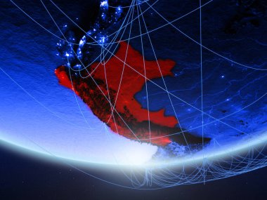 Peru temsil eden mavi dijital çağın, seyahat ve iletişim ağı ile Dünya gezegeninin yeşil modeli. 3D çizim. Nasa tarafından döşenmiş bu görüntü unsurları.