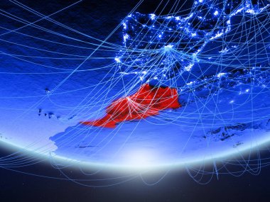 Fas temsil eden mavi dijital çağın, seyahat ve iletişim ağı ile Dünya gezegeninin yeşil modeli. 3D çizim. Nasa tarafından döşenmiş bu görüntü unsurları.