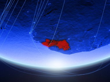 Gine temsil eden mavi dijital çağın, seyahat ve iletişim ağı ile Dünya gezegeninin yeşil modeli. 3D çizim. Nasa tarafından döşenmiş bu görüntü unsurları.