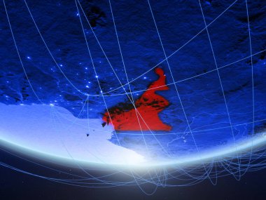 Kamerun temsil eden mavi dijital çağın, seyahat ve iletişim ağı ile Dünya gezegeninin yeşil modeli. 3D çizim. Nasa tarafından döşenmiş bu görüntü unsurları.