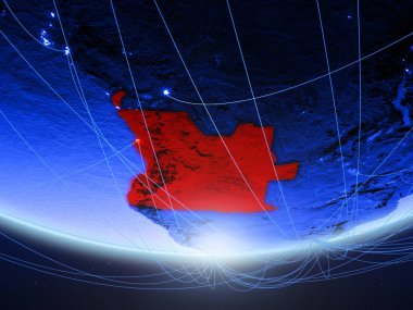 Angola temsil eden mavi dijital çağın, seyahat ve iletişim ağı ile Dünya gezegeninin yeşil modeli. 3D çizim. Nasa tarafından döşenmiş bu görüntü unsurları.