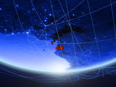 Ekvator Ginesi temsil eden mavi dijital çağın, seyahat ve iletişim ağı ile Dünya gezegeninin yeşil modeli. 3D çizim. Nasa tarafından döşenmiş bu görüntü unsurları.