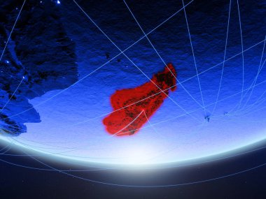 Madagaskar temsil eden mavi dijital çağın, seyahat ve iletişim ağı ile Dünya gezegeninin yeşil modeli. 3D çizim. Nasa tarafından döşenmiş bu görüntü unsurları.
