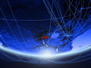 Ruanda temsil eden mavi dijital çağın, seyahat ve iletişim ağı ile Dünya gezegeninin yeşil modeli. 3D çizim. Nasa tarafından döşenmiş bu görüntü unsurları.