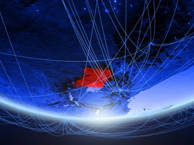 Uganda temsil eden mavi dijital çağın, seyahat ve iletişim ağı ile Dünya gezegeninin yeşil modeli. 3D çizim. Nasa tarafından döşenmiş bu görüntü unsurları.
