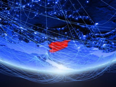 Suriye temsil eden mavi dijital çağın, seyahat ve iletişim ağı ile Dünya gezegeninin yeşil modeli. 3D çizim. Nasa tarafından döşenmiş bu görüntü unsurları.