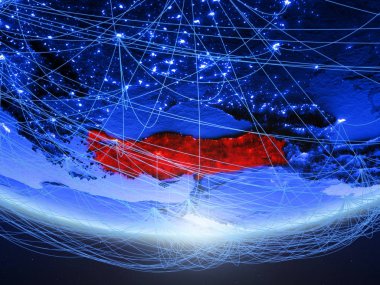 Yeşil modeli temsil eden mavi dijital çağın, seyahat ve iletişim ağı ile Dünya gezegeninin bir Türkiye. 3D çizim. Nasa tarafından döşenmiş bu görüntü unsurları.