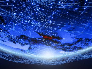 Yeşil modeli temsil eden mavi dijital çağın, seyahat ve iletişim ağı ile Dünya gezegeninin bir Georgia. 3D çizim. Nasa tarafından döşenmiş bu görüntü unsurları.