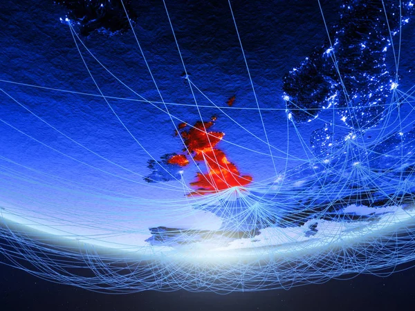 United Kingdom on green model of planet Earth with network representing blue digital age, travel and communication. 3D illustration. Elements of this image furnished by NASA.