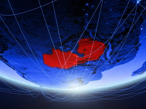 Zambia on green model of planet Earth with network representing blue digital age, travel and communication. 3D illustration. Elements of this image furnished by NASA.