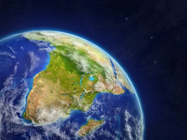 Afrika uzaydan. Son derece yüksek ayrıntı gezegenin yüzey ve bulutlar ile dünya gezegeni. 3D çizim. Nasa tarafından döşenmiş bu görüntü unsurları.