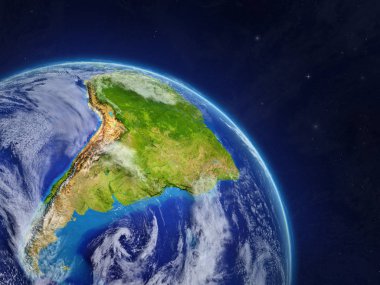 Güney Amerika uzaydan. Son derece yüksek ayrıntı gezegenin yüzey ve bulutlar ile dünya gezegeni. 3D çizim. Nasa tarafından döşenmiş bu görüntü unsurları.