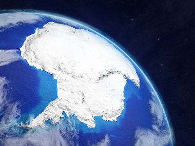 Antarktika uzaydan. Son derece yüksek ayrıntı gezegenin yüzey ve bulutlar ile dünya gezegeni. 3D çizim. Nasa tarafından döşenmiş bu görüntü unsurları.