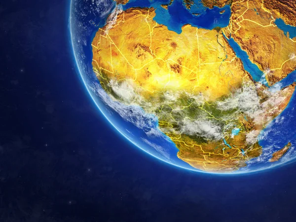 Africa on planet Earth from space with country borders. Very fine detail of planet surface and clouds. 3D illustration. Elements of this image furnished by NASA.