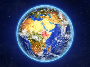 Etiyopya uzaydan. Ülke sınırları ve son derece yüksek detay gezegenin yüzey ve bulutlar Dünya gezegeni. 3D çizim. Nasa tarafından döşenmiş bu görüntü unsurları.