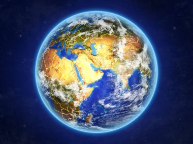 Birleşik Arap Emirlikleri uzaydan. Ülke sınırları ve son derece yüksek detay gezegenin yüzey ve bulutlar Dünya gezegeni. 3D çizim. Nasa tarafından döşenmiş bu görüntü unsurları.