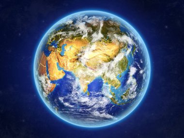 Nepal uzaydan. Ülke sınırları ve son derece yüksek detay gezegenin yüzey ve bulutlar Dünya gezegeni. 3D çizim. Nasa tarafından döşenmiş bu görüntü unsurları.