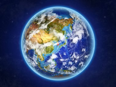 Güney Kore uzaydan. Ülke sınırları ve son derece yüksek detay gezegenin yüzey ve bulutlar Dünya gezegeni. 3D çizim. Nasa tarafından döşenmiş bu görüntü unsurları.