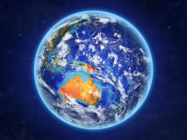 Papua Yeni Gine uzaydan. Ülke sınırları ve son derece yüksek detay gezegenin yüzey ve bulutlar Dünya gezegeni. 3D çizim. Nasa tarafından döşenmiş bu görüntü unsurları.