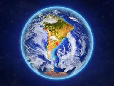 Uruguay uzaydan. Ülke sınırları ve son derece yüksek detay gezegenin yüzey ve bulutlar Dünya gezegeni. 3D çizim. Nasa tarafından döşenmiş bu görüntü unsurları.