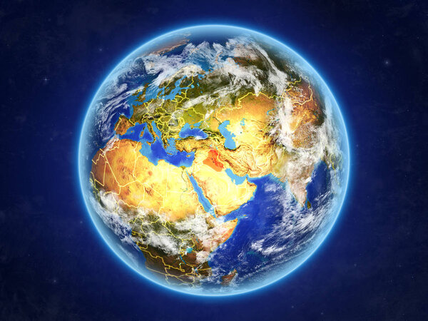 Iraq from space. Planet Earth with country borders and extremely high detail of planet surface and clouds. 3D illustration. Elements of this image furnished by NASA.