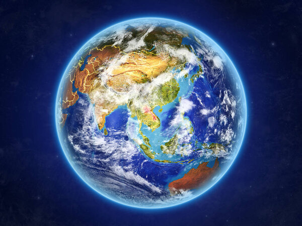 Laos from space. Planet Earth with country borders and extremely high detail of planet surface and clouds. 3D illustration. Elements of this image furnished by NASA.