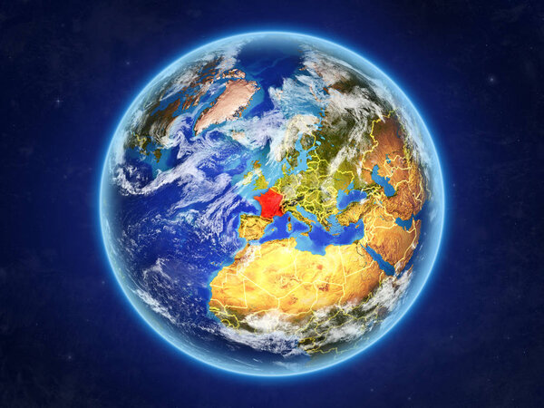 France from space. Planet Earth with country borders and extremely high detail of planet surface and clouds. 3D illustration. Elements of this image furnished by NASA.