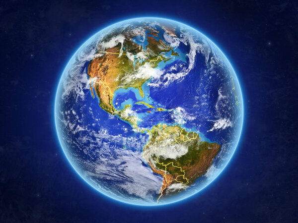 Jamaica from space. Planet Earth with country borders and extremely high detail of planet surface and clouds. 3D illustration. Elements of this image furnished by NASA.