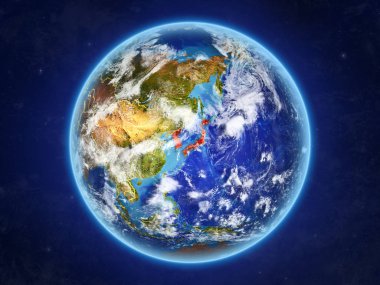 Japonya ve Kore uzaydan. Ülke sınırları ve son derece yüksek detay gezegenin yüzey ve bulutlar Dünya gezegeni. 3D çizim. Nasa tarafından döşenmiş bu görüntü unsurları.