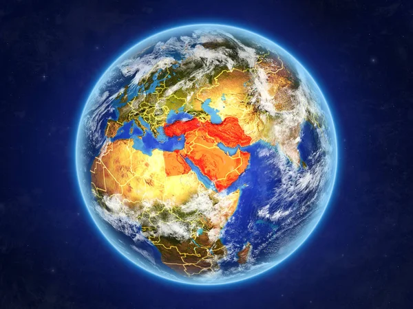 Middle East from space. Planet Earth with country borders and extremely high detail of planet surface and clouds. 3D illustration. Elements of this image furnished by NASA.