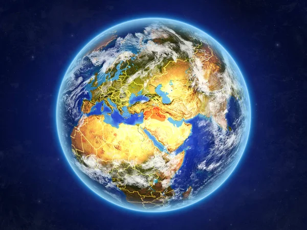Islamischer Staat Aus Dem All Planet Erde Mit Ländergrenzen Und — Stockfoto