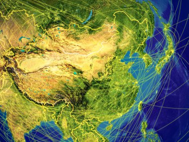 Doğu Asya ülke sınırları ve uluslararası iletişim, seyahat, bağlantıları temsil eden satırları ile dünyanın uzaydan. 3D çizim. Nasa tarafından döşenmiş bu görüntü unsurları.
