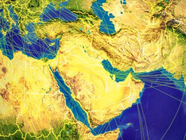 Batı Asya ülke sınırları ve uluslararası iletişim, seyahat, bağlantıları temsil eden satırları ile dünyanın uzaydan. 3D çizim. Nasa tarafından döşenmiş bu görüntü unsurları.