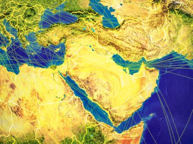 Orta Doğu ülke sınırları ve uluslararası iletişim, seyahat, bağlantıları temsil eden satırları ile dünyanın uzaydan. 3D çizim. Nasa tarafından döşenmiş bu görüntü unsurları.