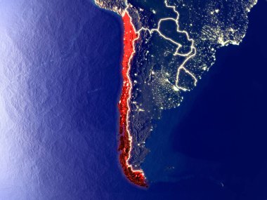 Şili gece dünyanın uzaydan. Parlak şehir ışıkları ile plastik gezegen yüzeyinin çok ince ayrıntı. 3D çizim. Nasa tarafından döşenmiş bu görüntü unsurları.