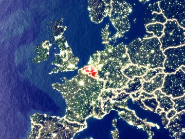 Belçika gece dünyanın uzaydan. Parlak şehir ışıkları ile plastik gezegen yüzeyinin çok ince ayrıntı. 3D çizim. Nasa tarafından döşenmiş bu görüntü unsurları.