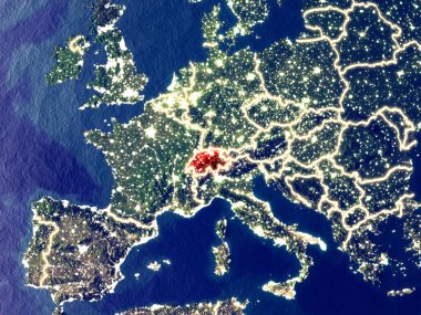 İsviçre gece dünyanın uzaydan. Parlak şehir ışıkları ile plastik gezegen yüzeyinin çok ince ayrıntı. 3D çizim. Nasa tarafından döşenmiş bu görüntü unsurları.