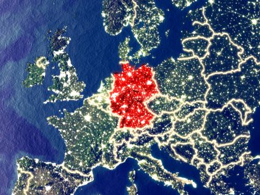 Almanya geceleri dünyanın uzaydan. Parlak şehir ışıkları ile plastik gezegen yüzeyinin çok ince ayrıntı. 3D çizim. Nasa tarafından döşenmiş bu görüntü unsurları.