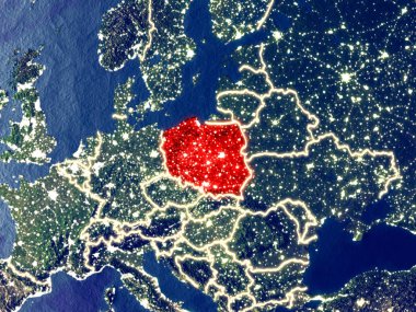 Polonya gece dünyanın uzaydan. Parlak şehir ışıkları ile plastik gezegen yüzeyinin çok ince ayrıntı. 3D çizim. Nasa tarafından döşenmiş bu görüntü unsurları.