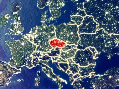 Çek Cumhuriyeti gece dünyanın uzaydan. Parlak şehir ışıkları ile plastik gezegen yüzeyinin çok ince ayrıntı. 3D çizim. Nasa tarafından döşenmiş bu görüntü unsurları.