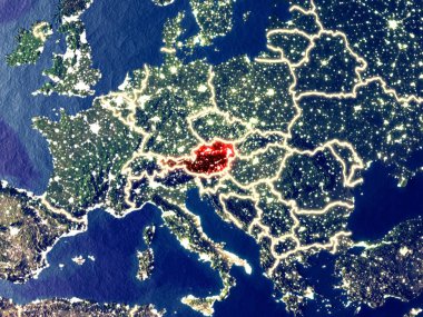 Avusturya gece dünyanın uzaydan. Parlak şehir ışıkları ile plastik gezegen yüzeyinin çok ince ayrıntı. 3D çizim. Nasa tarafından döşenmiş bu görüntü unsurları.